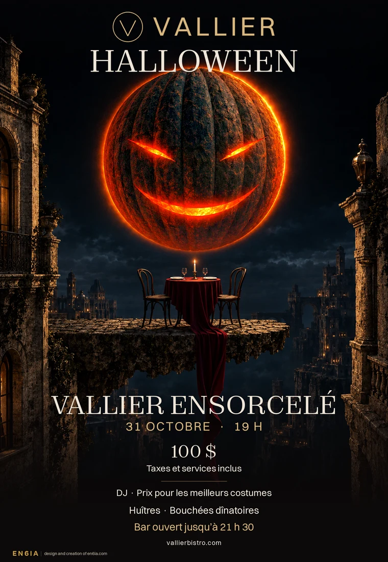Affiche Vallier ensorcelé avec citrouille lumineuse au-dessus d’une table suspendue.